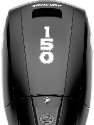 Mercury 150 four-stroke engine hood viewed from above, showing horsepower badging and branding