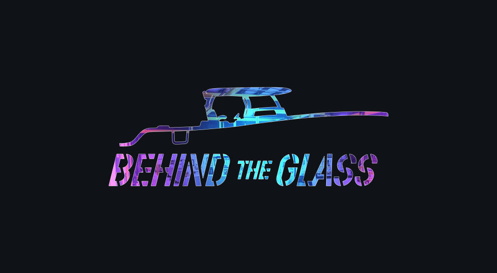Neon-styled boat silhouette with 'Behind the Glass' text in cyan and magenta glow
