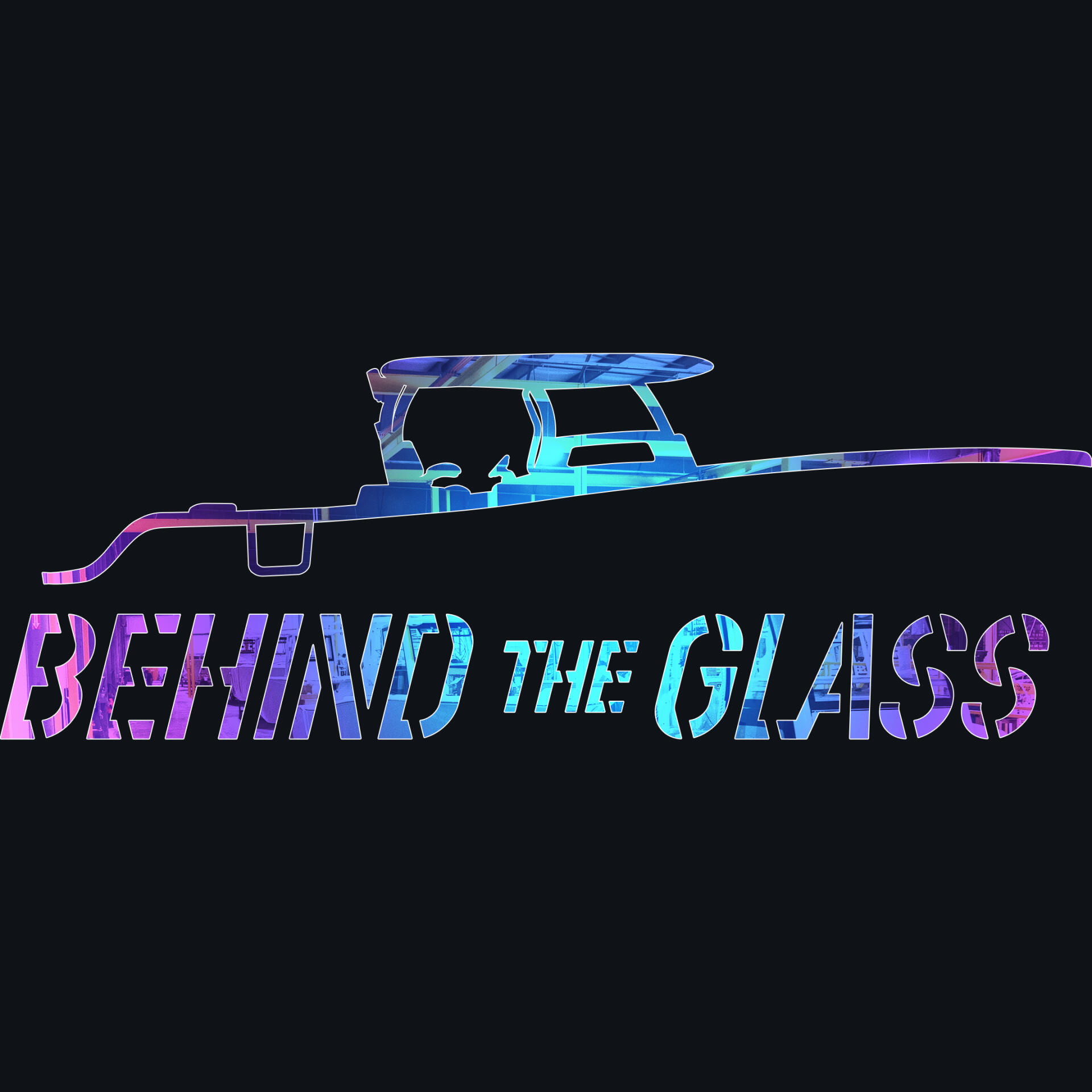 Neon-styled boat silhouette with 'Behind the Glass' text in cyan and magenta glow