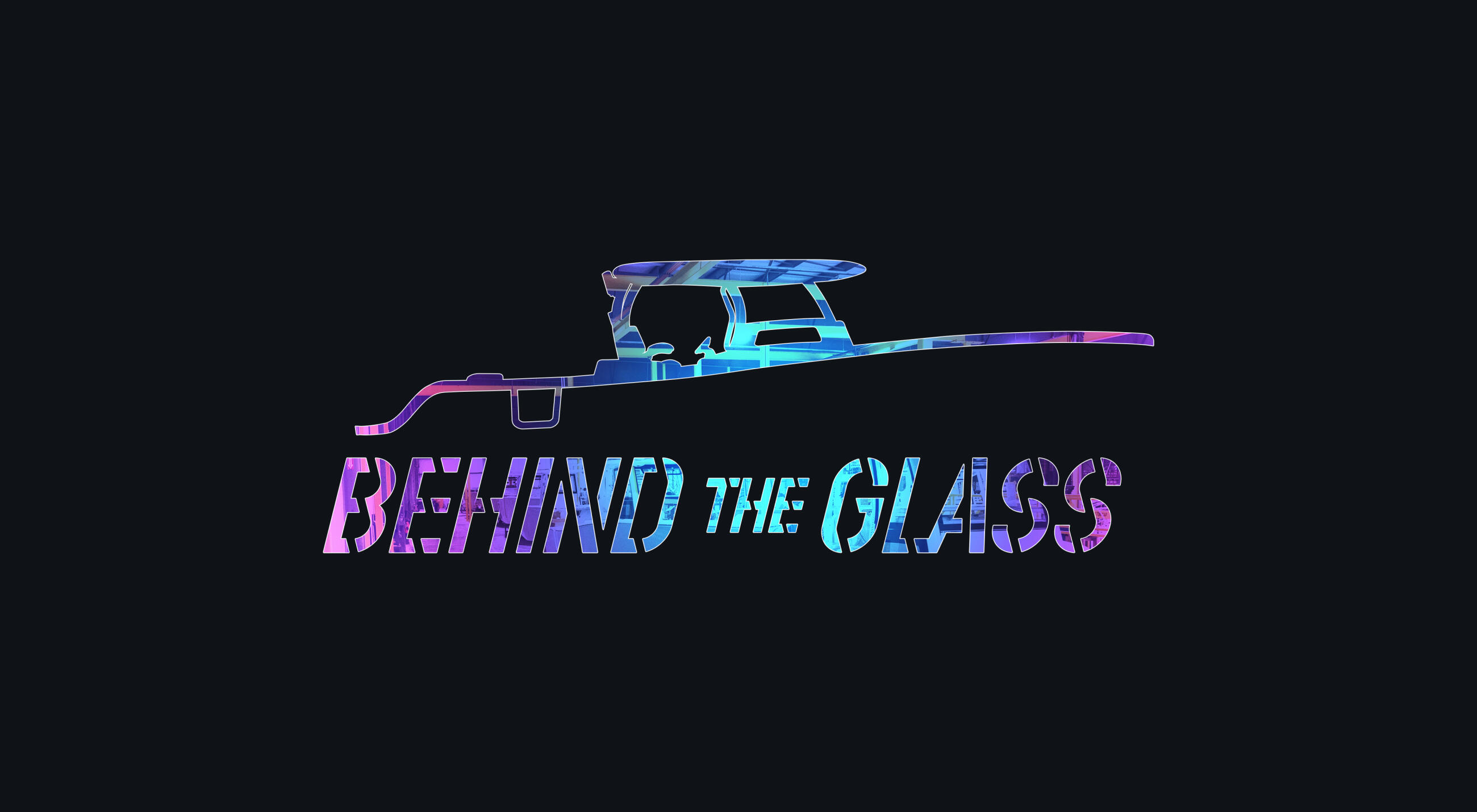 Neon-styled boat silhouette with 'Behind the Glass' text in cyan and magenta glow