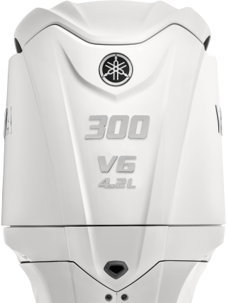 White Yamaha F300 V6 4.2L outboard motor with tuning fork logo viewed from above