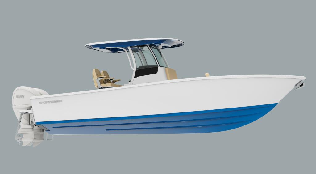 White and blue center console fishing boat with hard-top canopy and tan seating viewed from the side