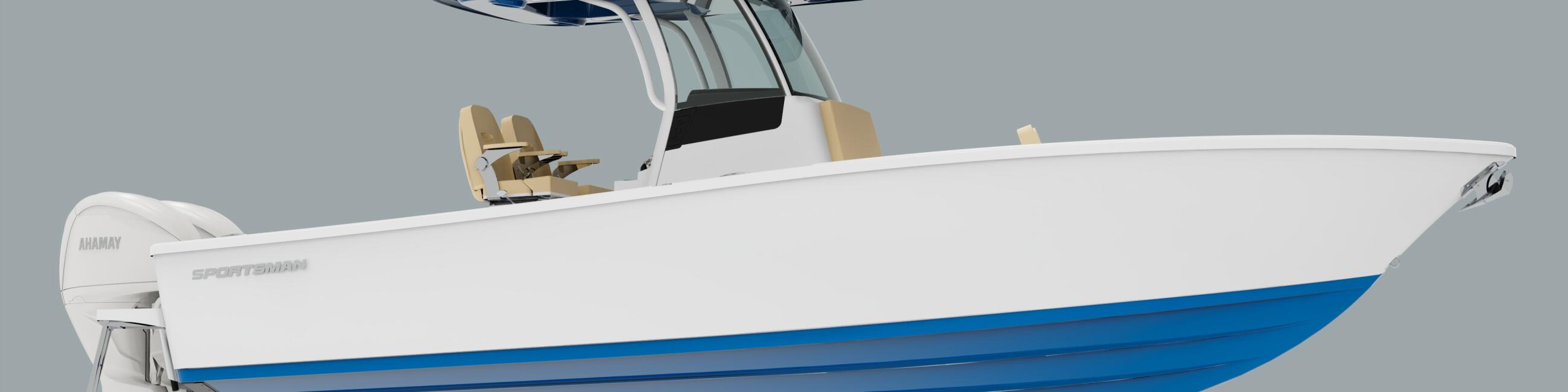 White and blue center console fishing boat with hard-top canopy and tan seating viewed from the side