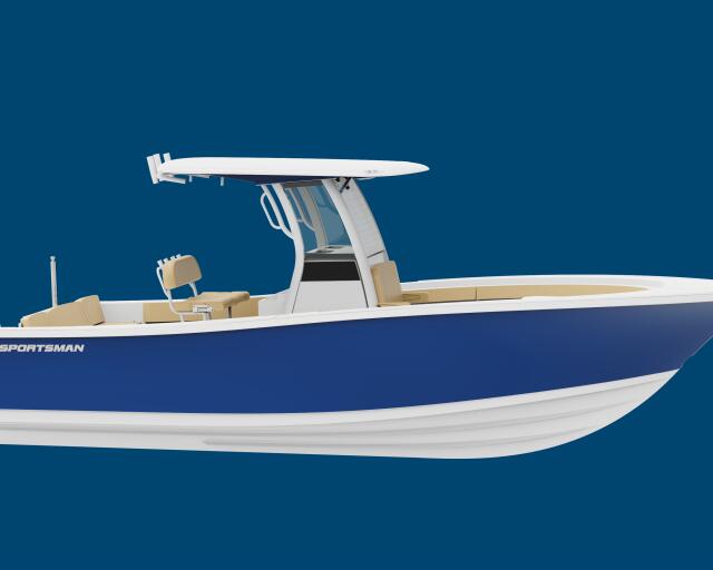 Sportsman center console fishing boat with hard-top, tan seating, and twin outboard engines on blue background