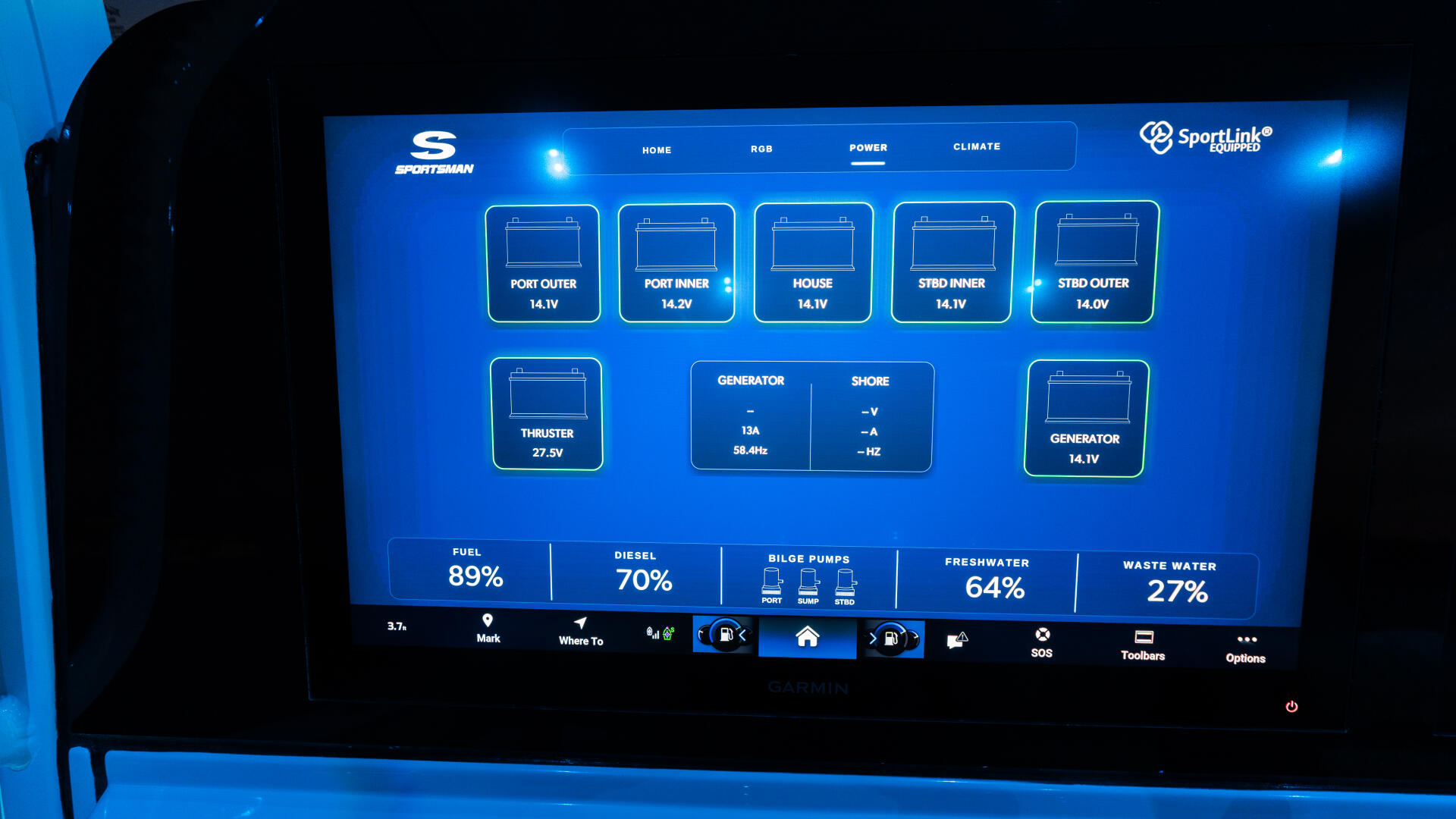 Sportsman boat's RGB-lit digital control panel displaying fuel, diesel, generator, and system status readings