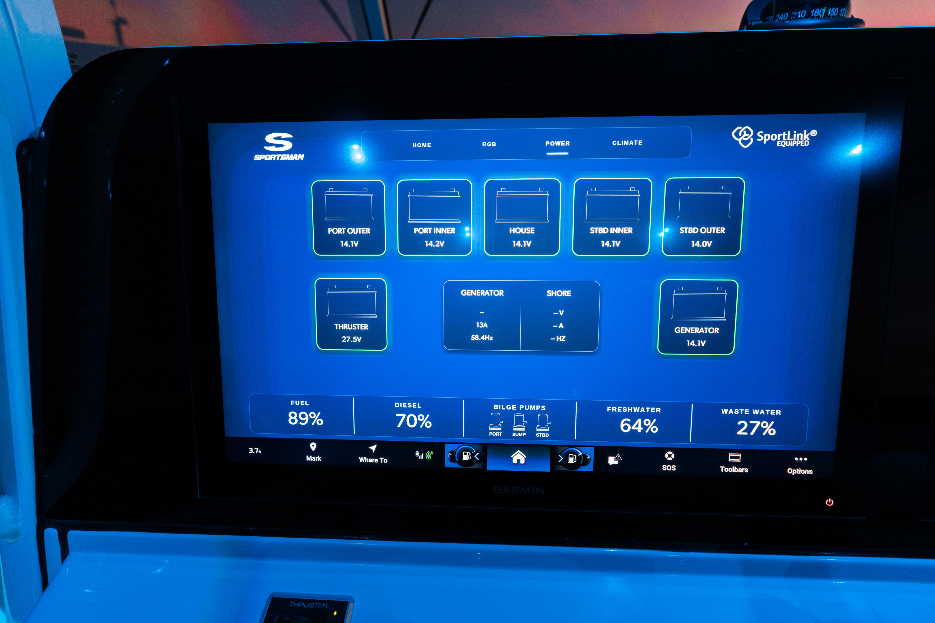 Sportsman boat's RGB-lit digital control panel displaying fuel, diesel, generator, and system status readings