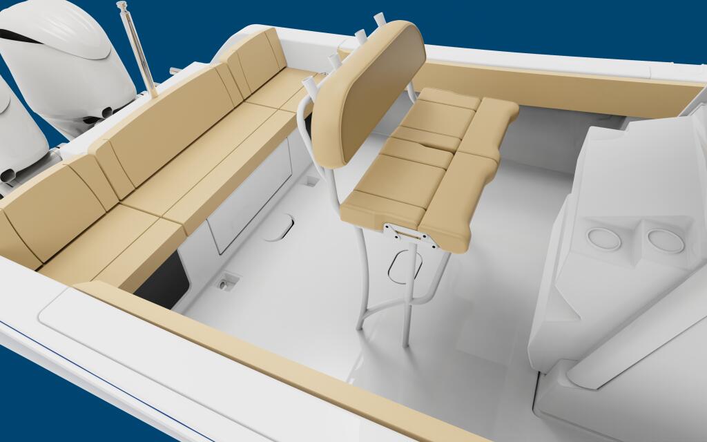 Overhead view of center console boat showing tan upholstered seating, helm station, and white cabin structure