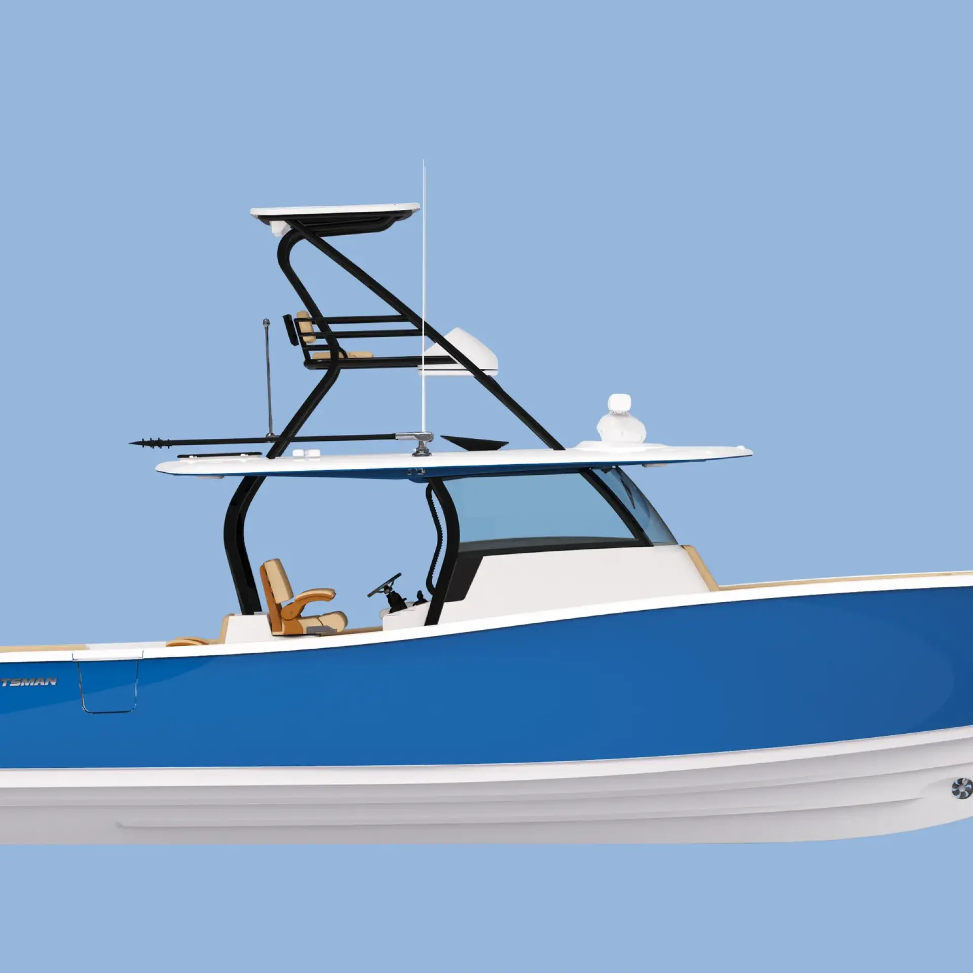 Blue and white sportfishing boat with tower and outboard engine against clear sky