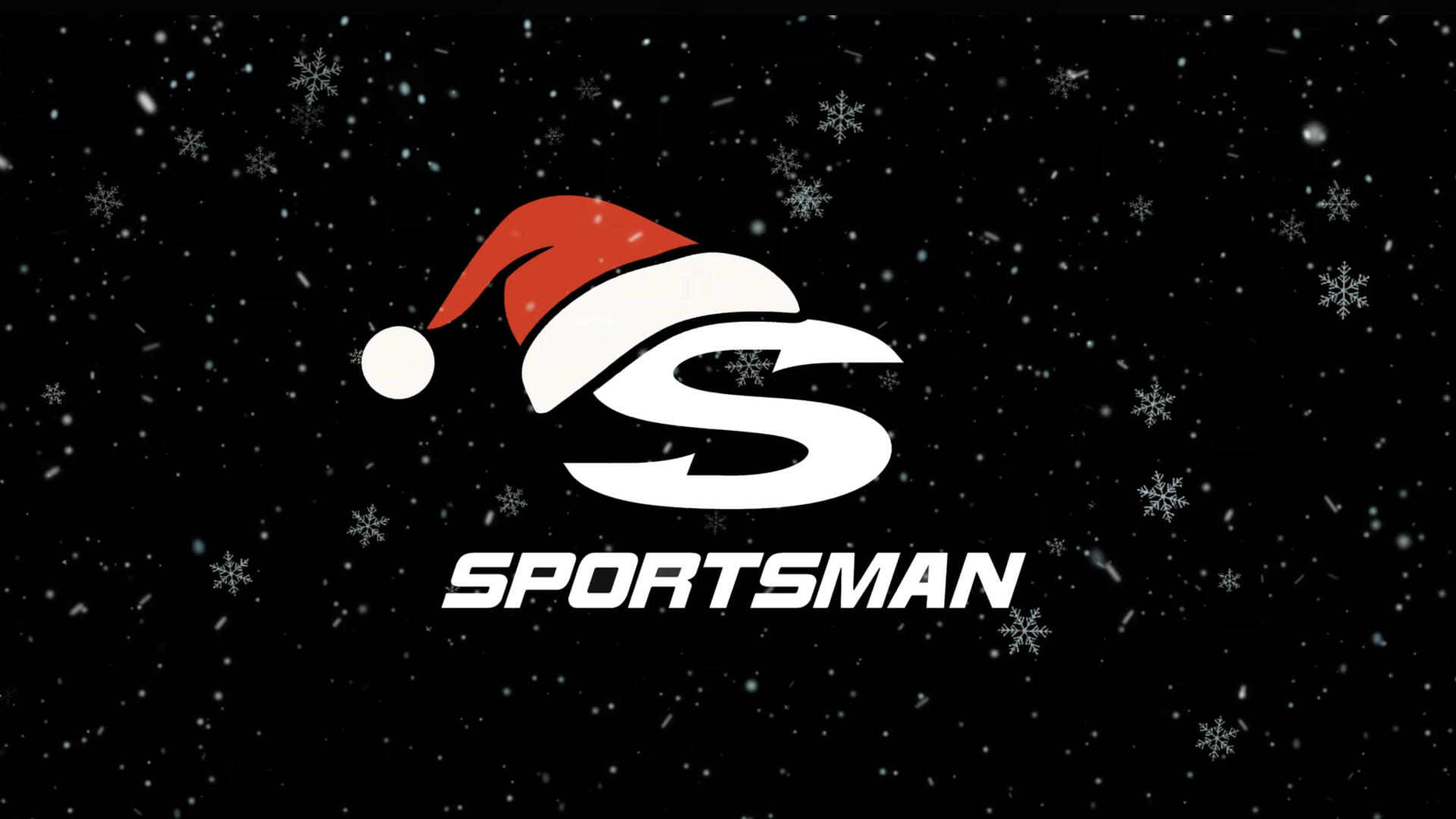 Sportsman logo with Santa hat on snowy winter background with falling snowflakes