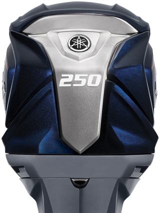 Yamaha VF250 outboard engine top view showing silver and blue cowling with brand logo