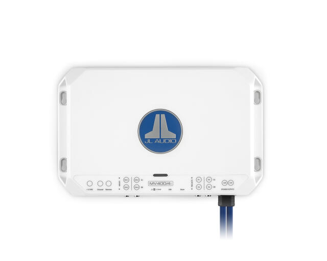 JL Audio MV400/4i four-channel marine amplifier with white casing and blue logo
