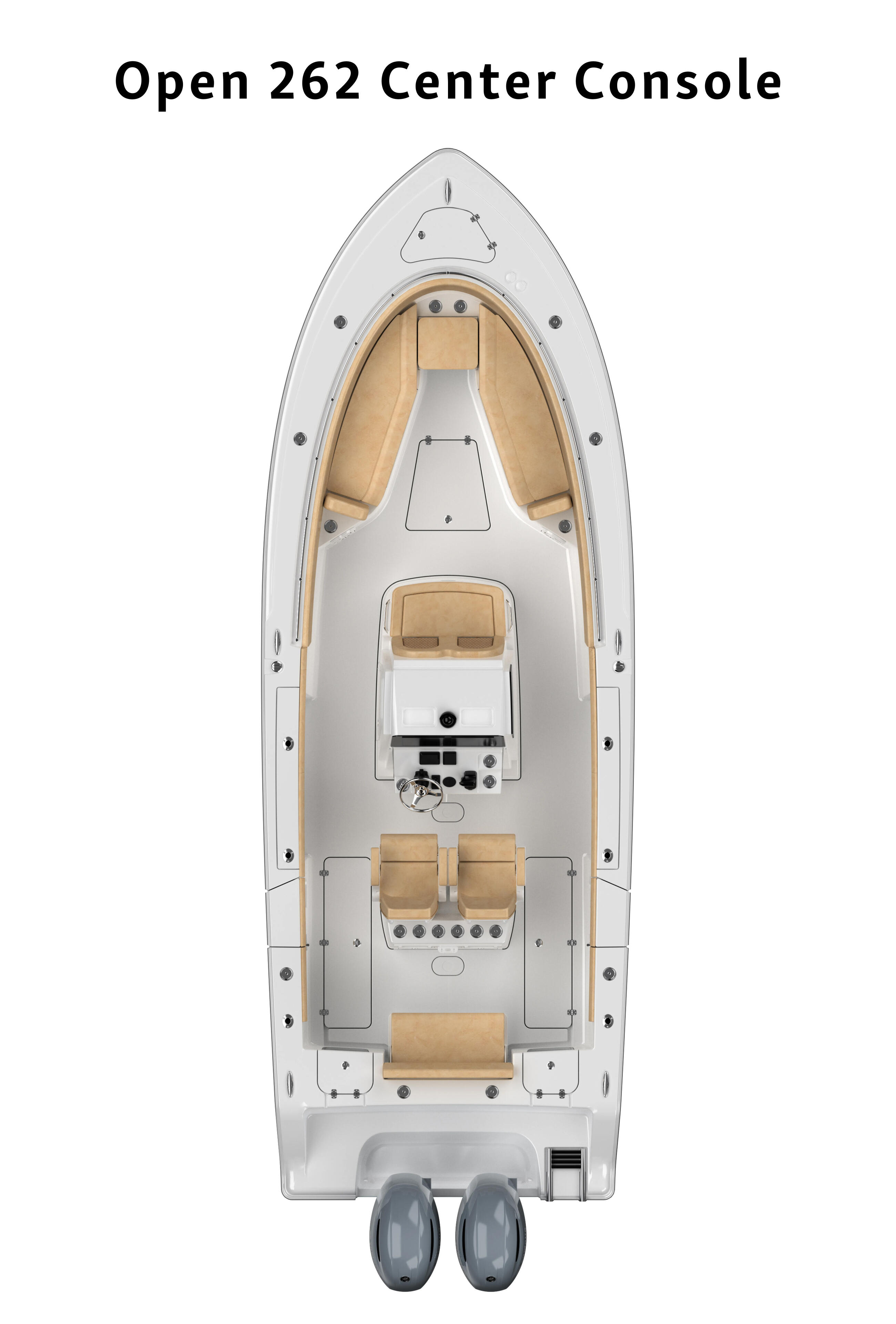 Overhead view of Open 262 center console boat layout with tan seating, helm station, and cabin arrangement