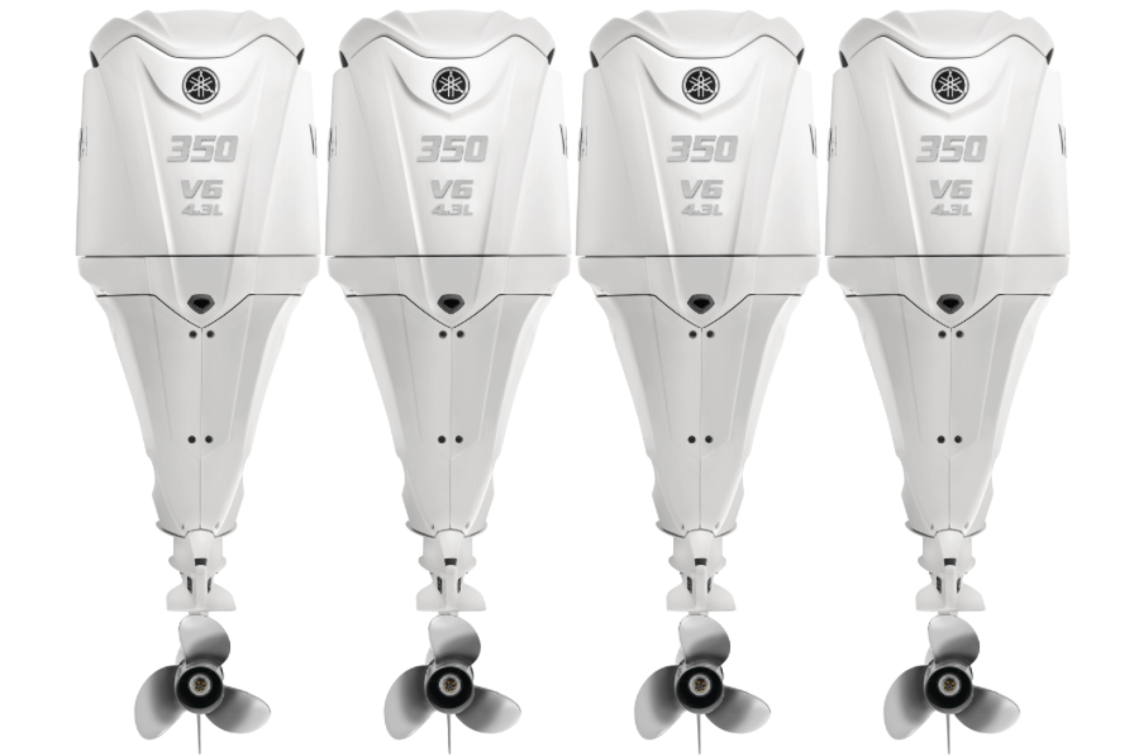 Four white Yamaha 350V6 outboard engines shown from above with propellers visible