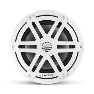 White JL Audio marine speaker with black grille and mounting bracket detail