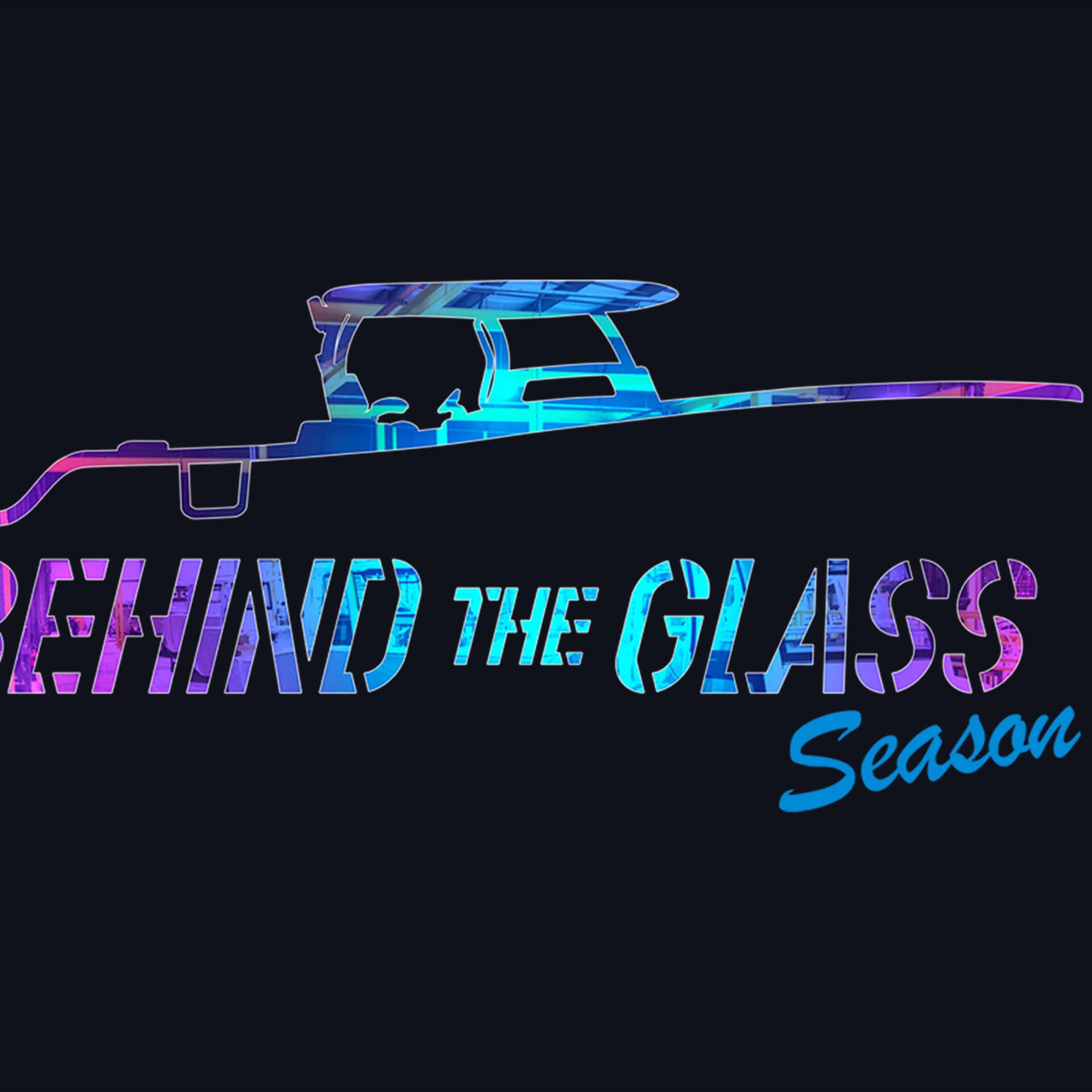 Neon-styled fishing boat with 'Behind the Glass Season 3' text on dark background