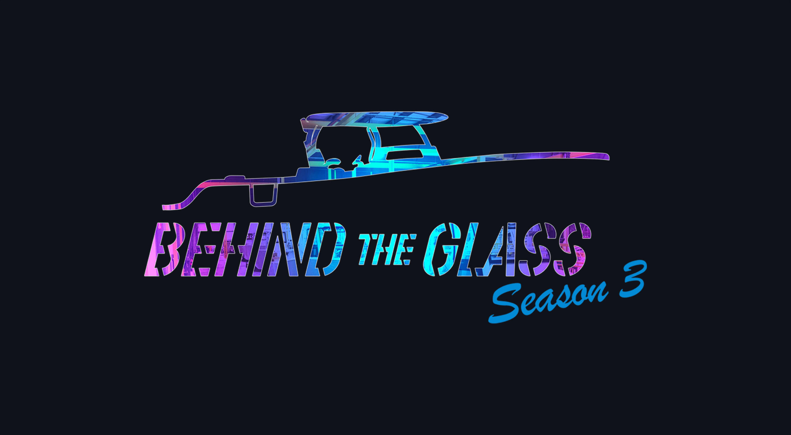 Neon-styled fishing boat with 'Behind the Glass Season 3' text on dark background