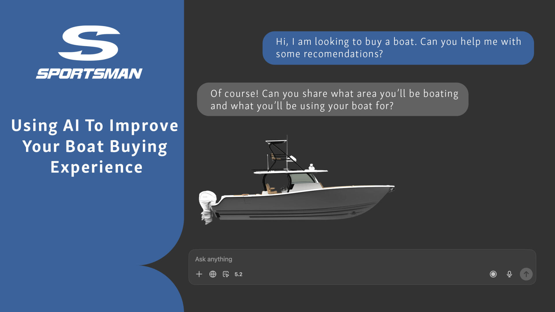 Sportsman logo with chatbot interface showing boat buying assistance conversation and center console boat illustration