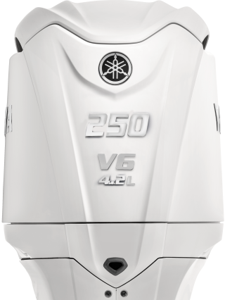 White Yamaha F250 V6 4.2L outboard engine with Yamaha logo and badging
