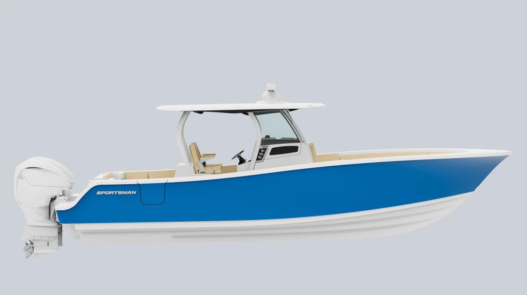 Blue and white Sportsman center console boat with hard-top, tan seating, and outboard engine in side profile