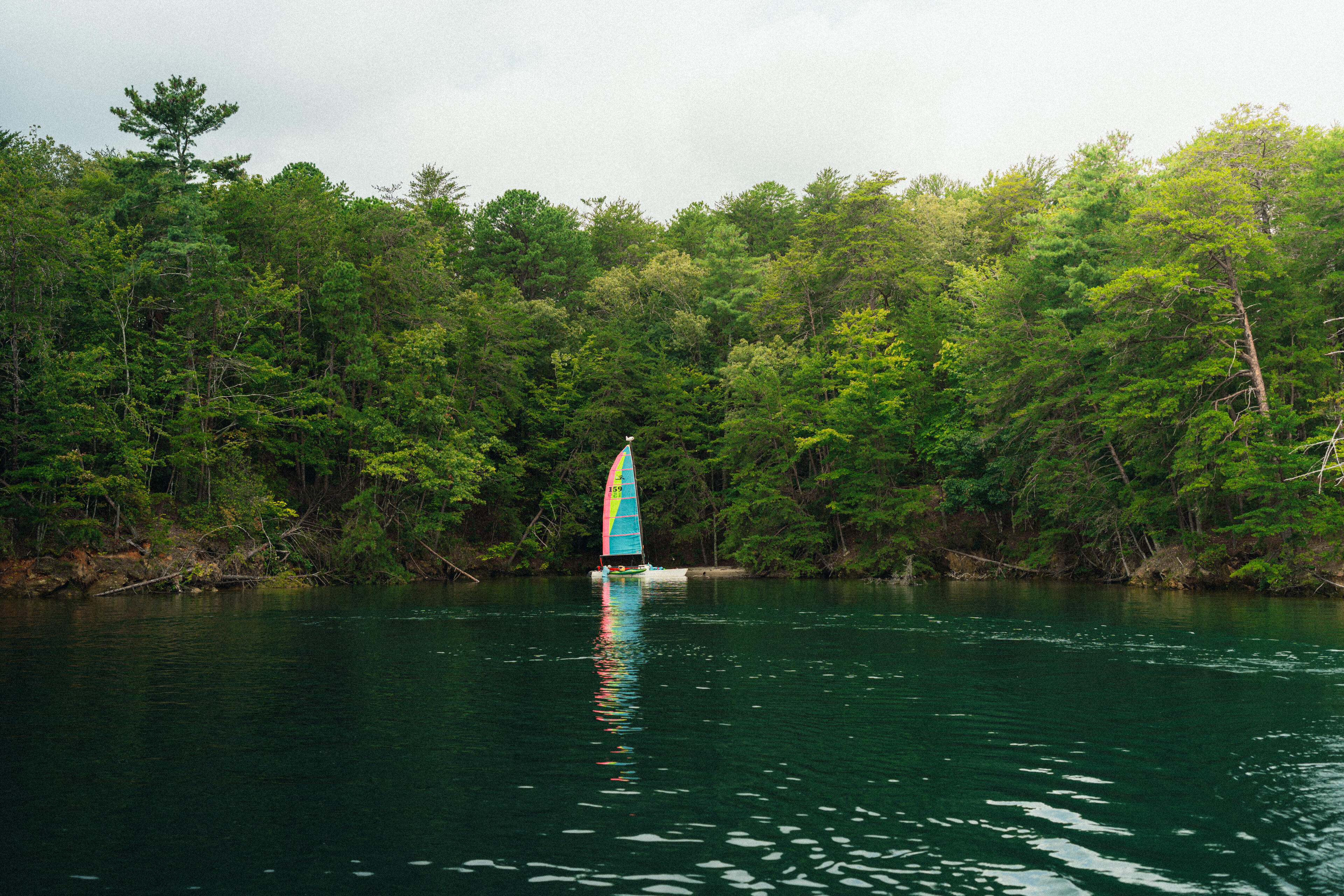 Sailboat with colorful orange and blue sail on calm lake surrounded by dense green forest