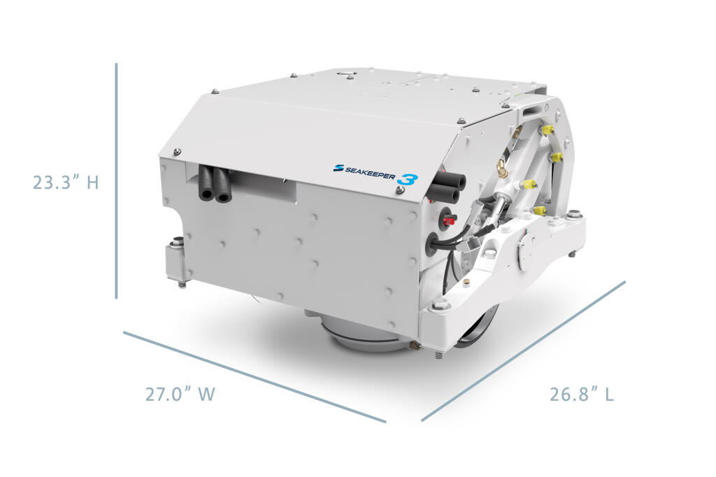 Seakeeper 3 marine gyroscopic stabilizer system with dimensions displayed, showing white housing and mechanical components