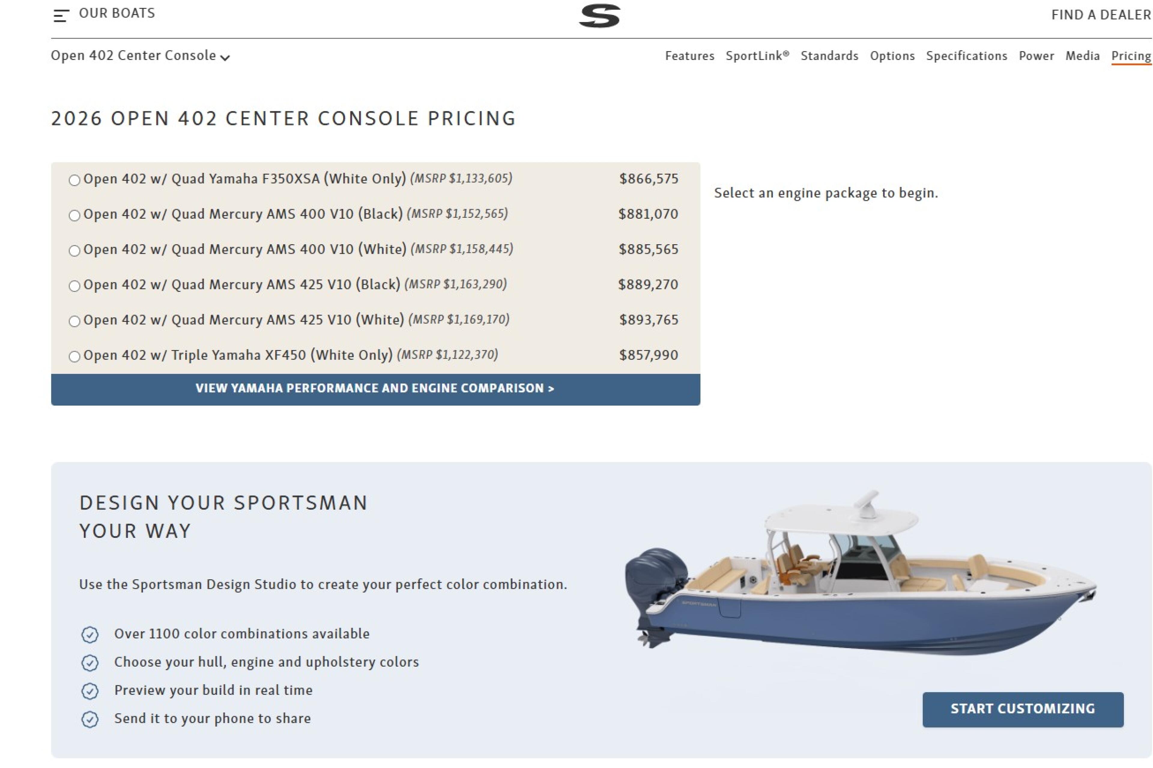2026 Open 402 Center Console pricing and engine options with customization features