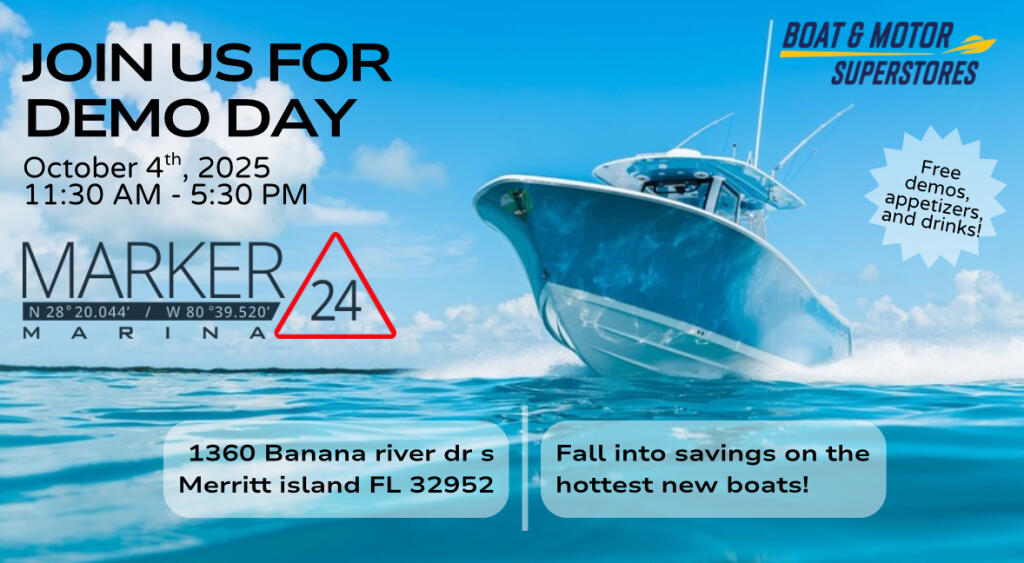Sport fishing boat speeding through blue water with promotional text for Marker 24 Marina's boat demo day event