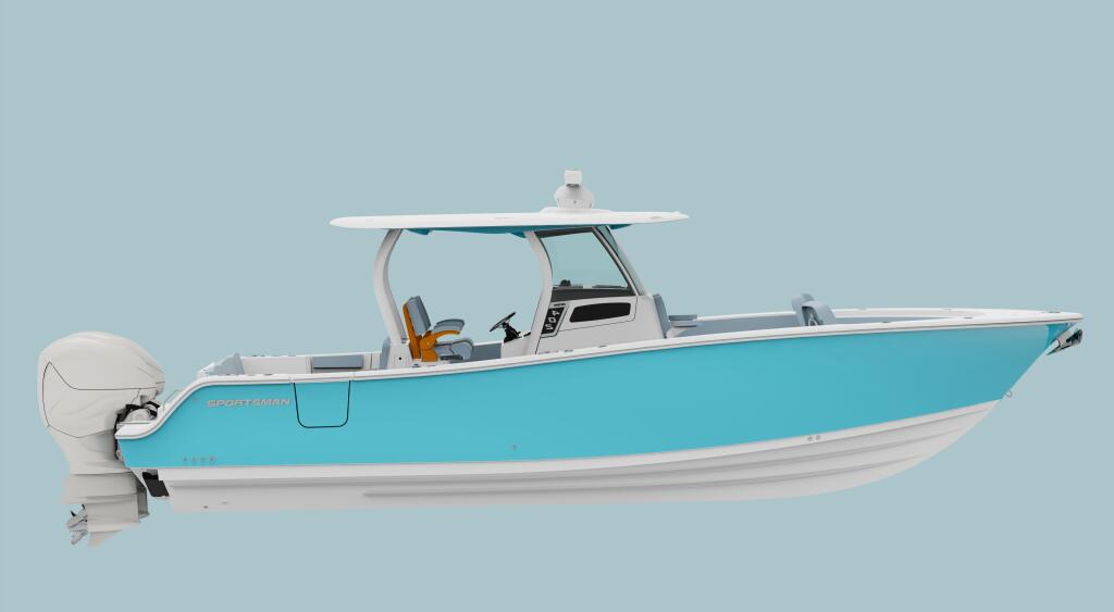 Turquoise and white center console fishing boat with hard-top and outboard motor against light blue background