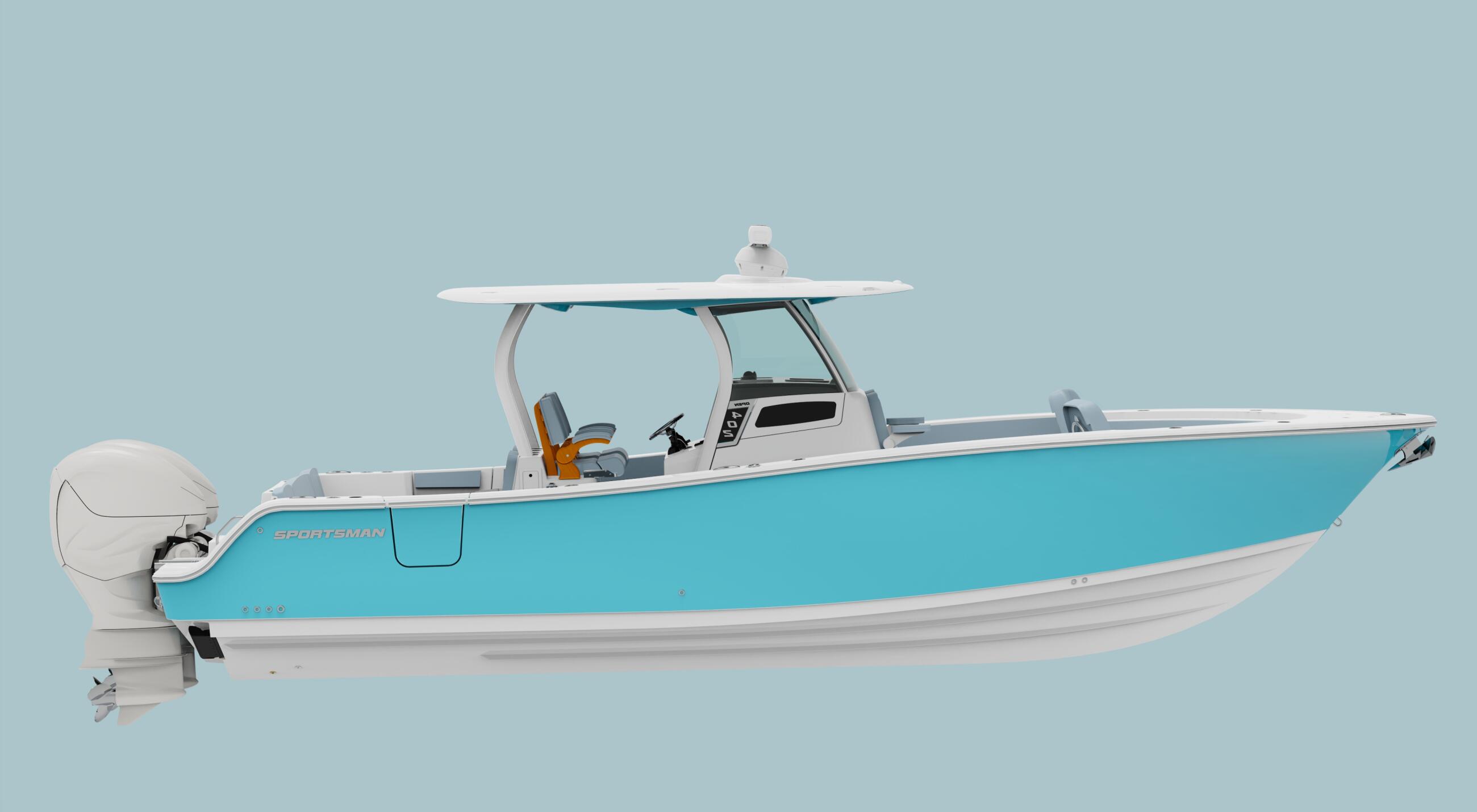 Turquoise and white center console fishing boat with hard-top and outboard motor against light blue background