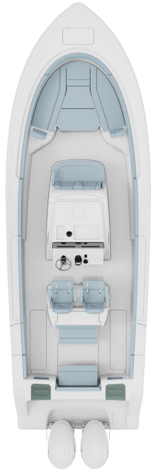 Overhead view of a center console boat showing helm, seating, and deck layout