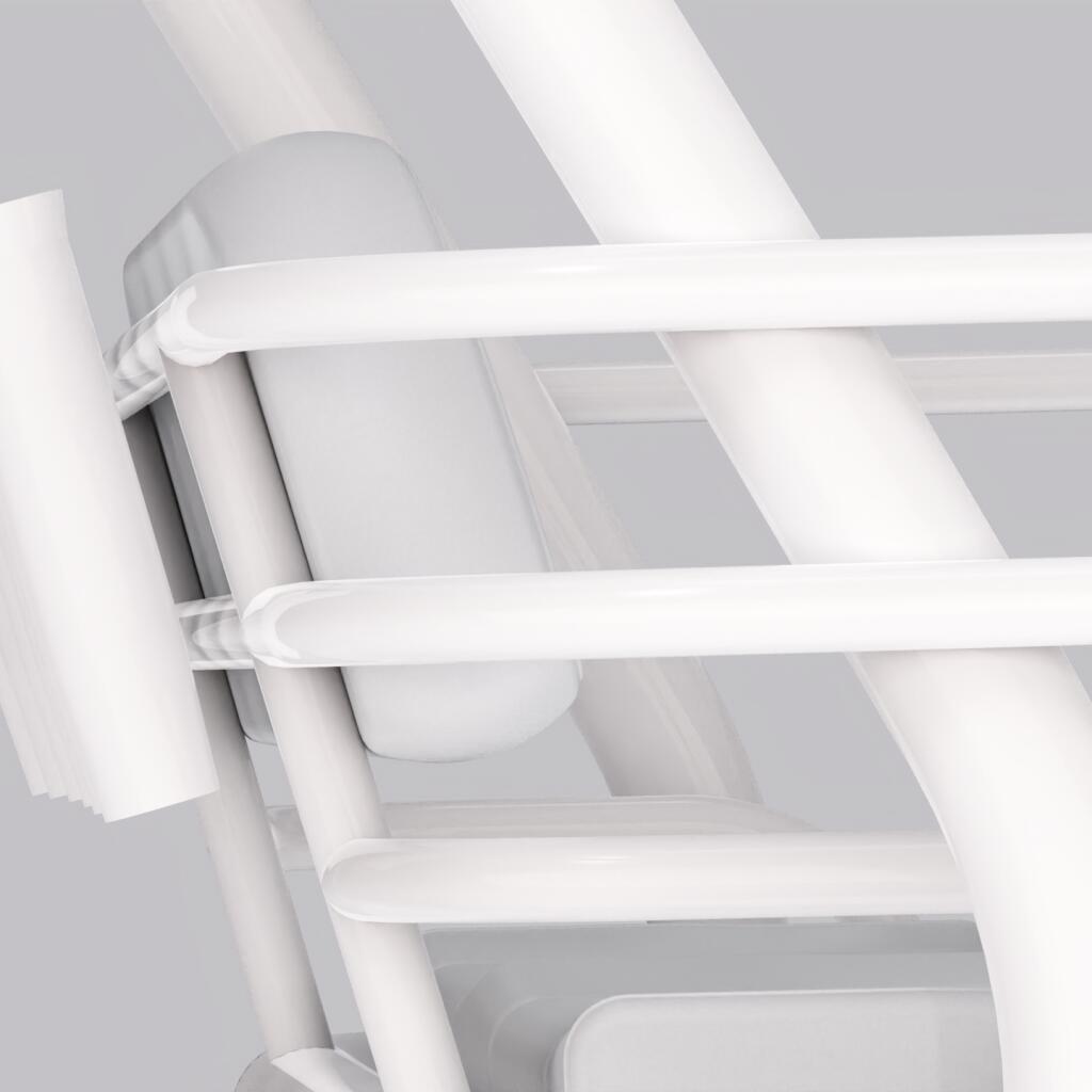 White boat railing and structural details with overhead cleats and support brackets