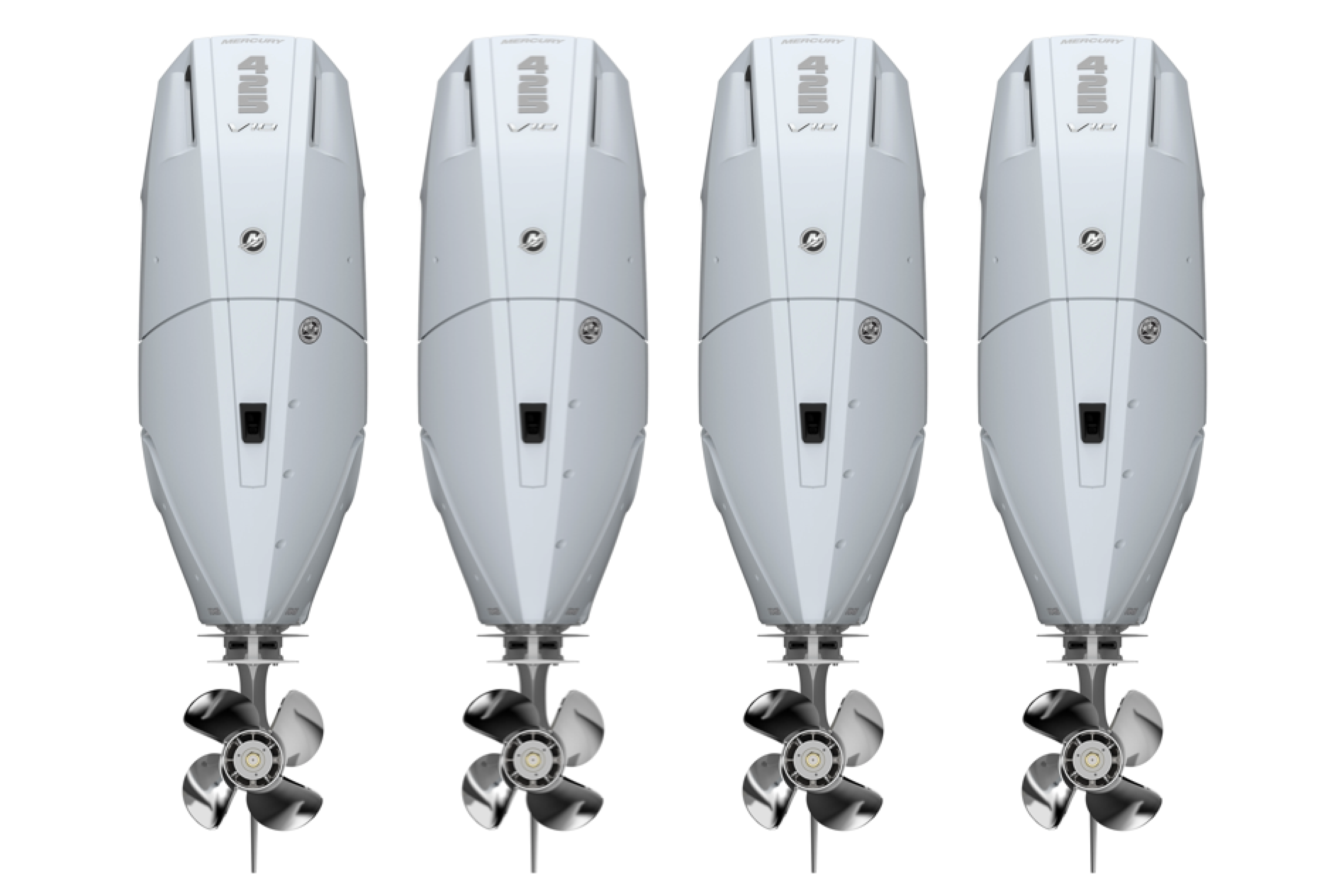 Overhead view of four white outboard engines with propellers aligned in a row