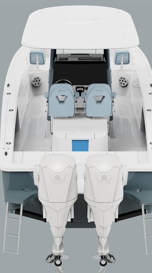 Overhead view of a white center console boat with twin engines, light blue helm seating, and hard-top canopy