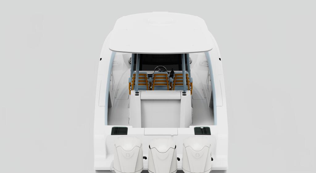 Overhead view of white center console boat with tan striped seating and helm station
