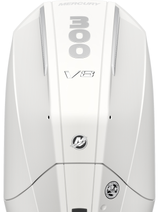 Mercury 300 V8 outboard engine with white cowling and branded badging