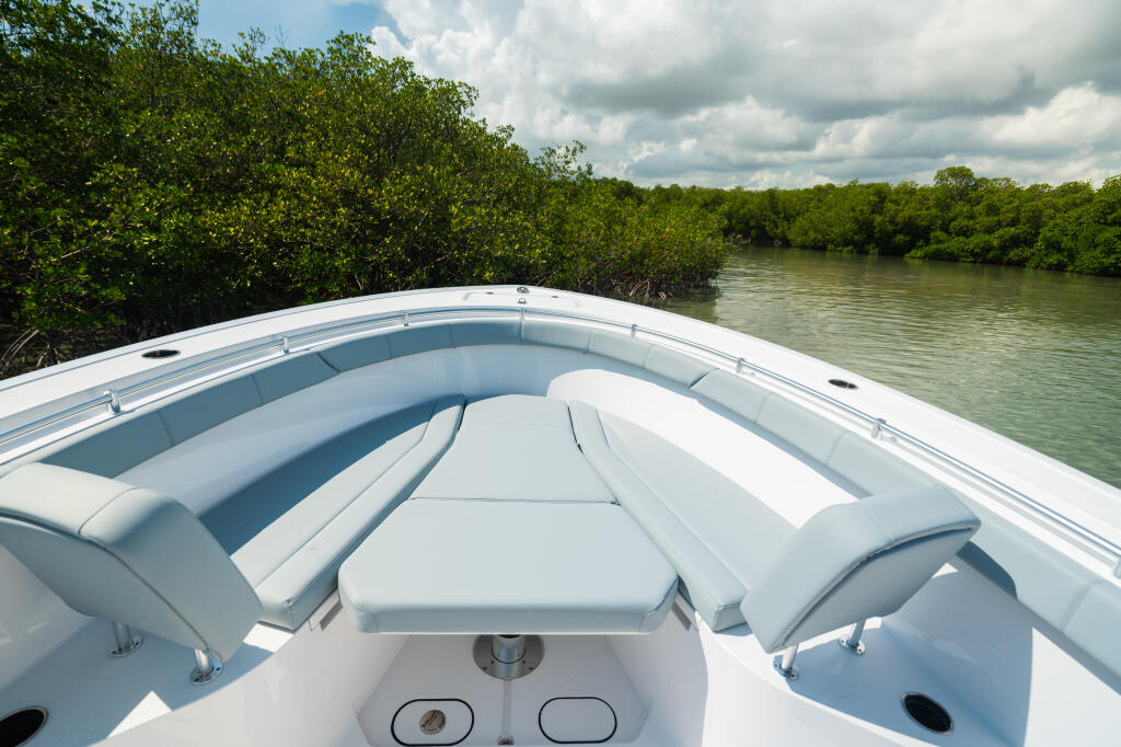 Open bow seating and centerline console with mangrove shoreline ahead
