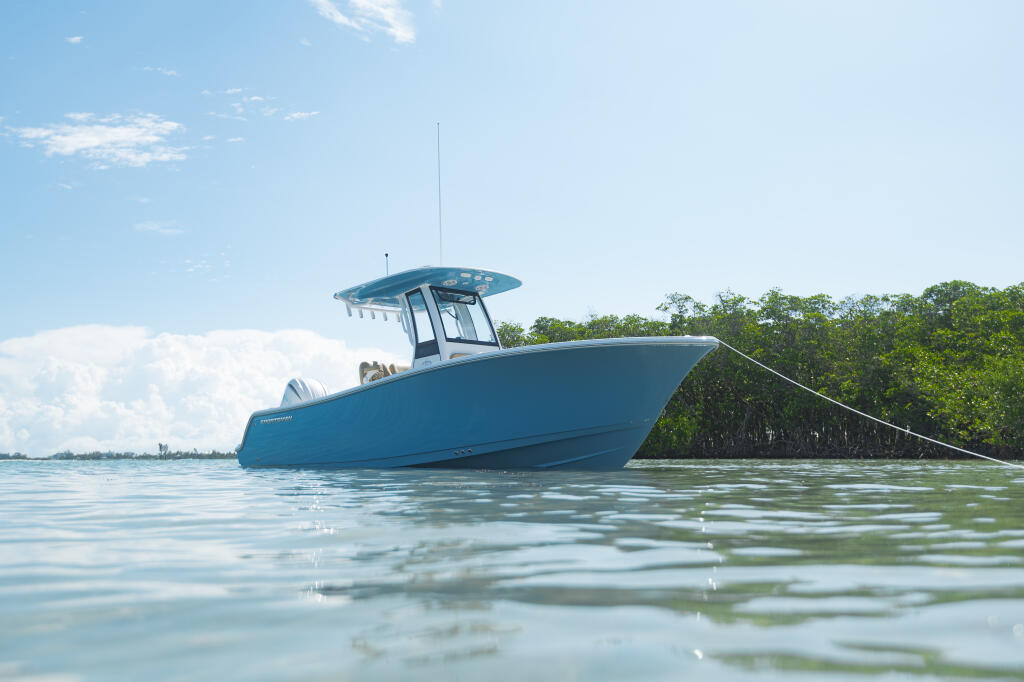 Blue center console boat with hard-top anchored in shallow mangrove waters under clear skies