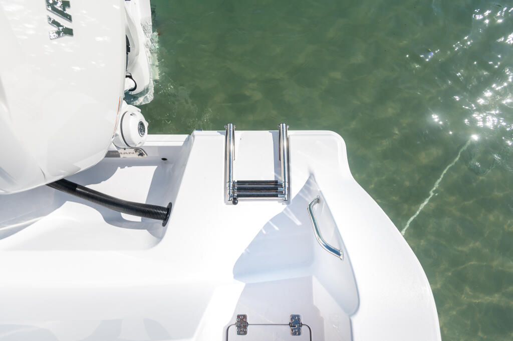 Overhead view of boat's white deck with stainless steel boarding ladder and green water