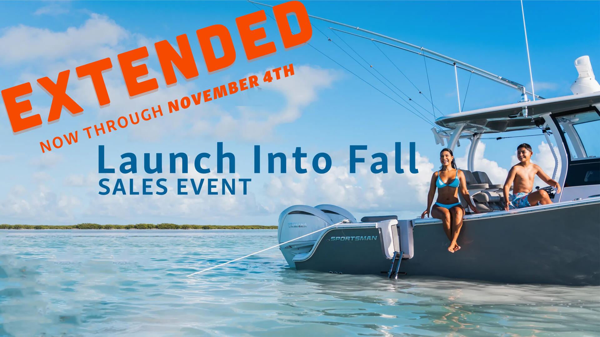 Couple relaxing on a Sportsman boat in shallow turquoise water during a fall sales event promotion