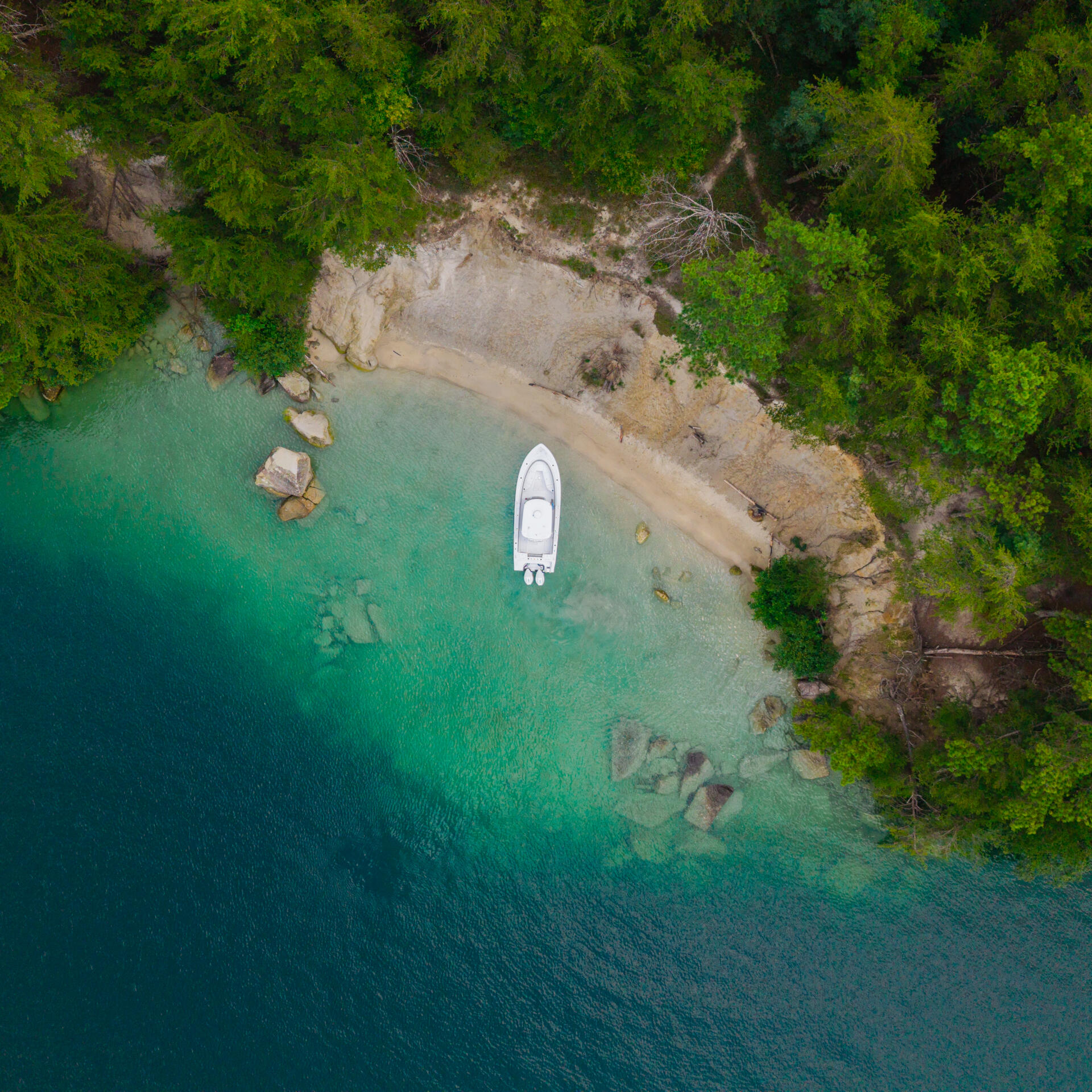 Aerial view of a white boat anchored in turquoise water next to a sandy beach surrounded by dense green forest