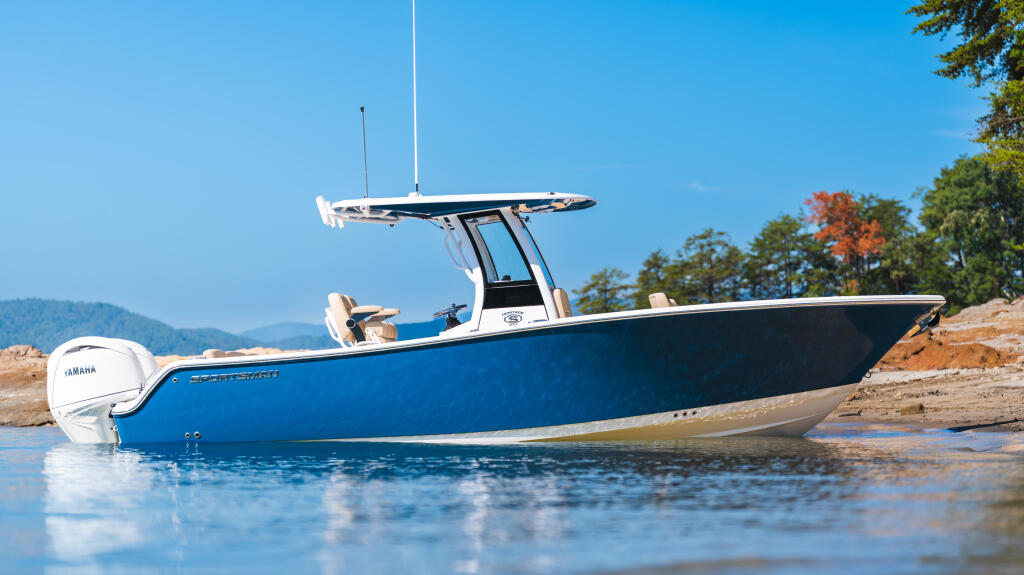 Blue and white center console boat beached on sandy shore with hard-top canopy and outboard engine