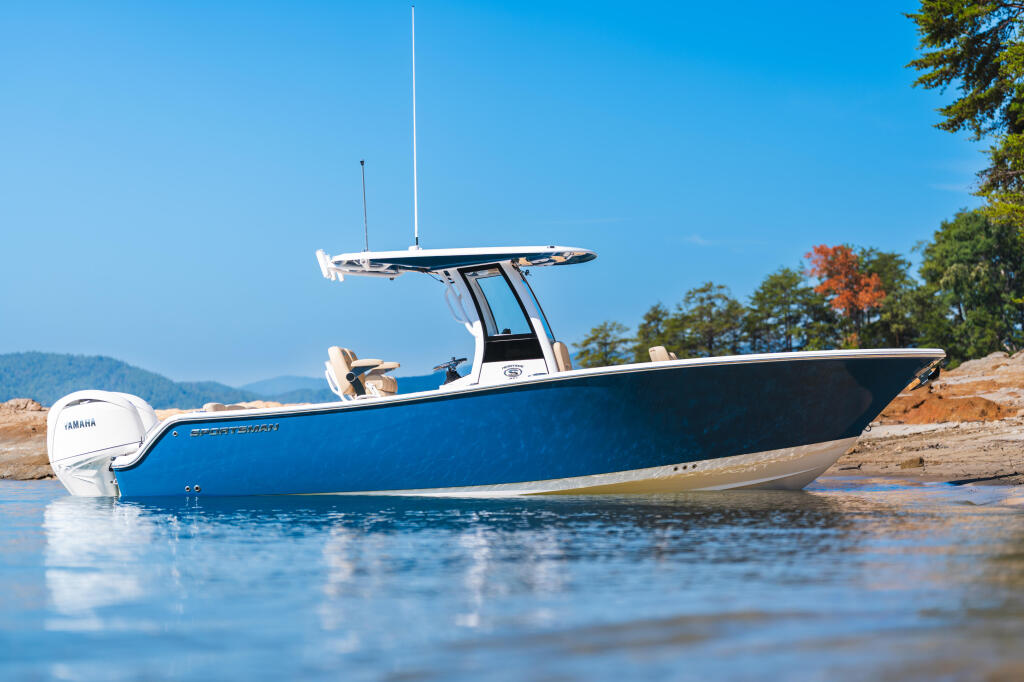Blue and white center console boat beached on sandy shore with hard-top canopy and outboard engine