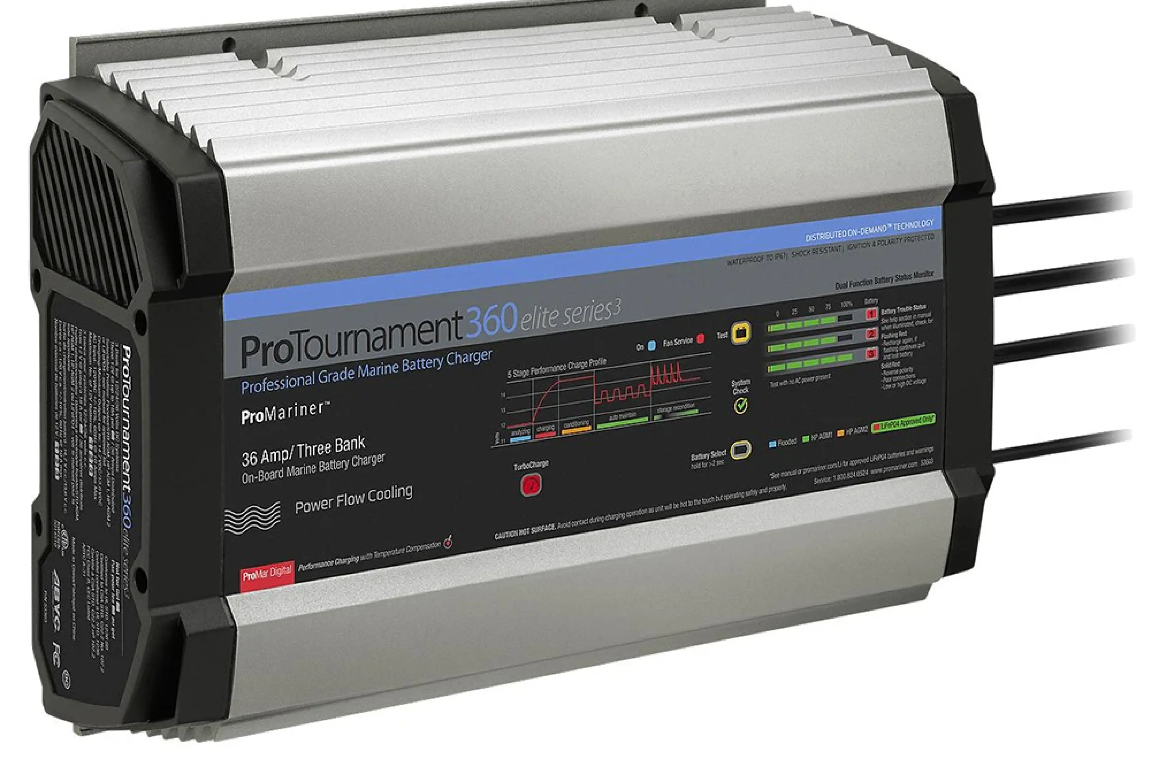 ProTournament 360 Elite Series marine battery charger with 36-amp three-bank capacity and power flow cooling