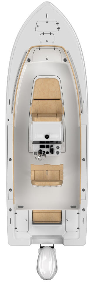 Overhead view of a center console boat showing helm, seating, and storage layout with tan and white interior