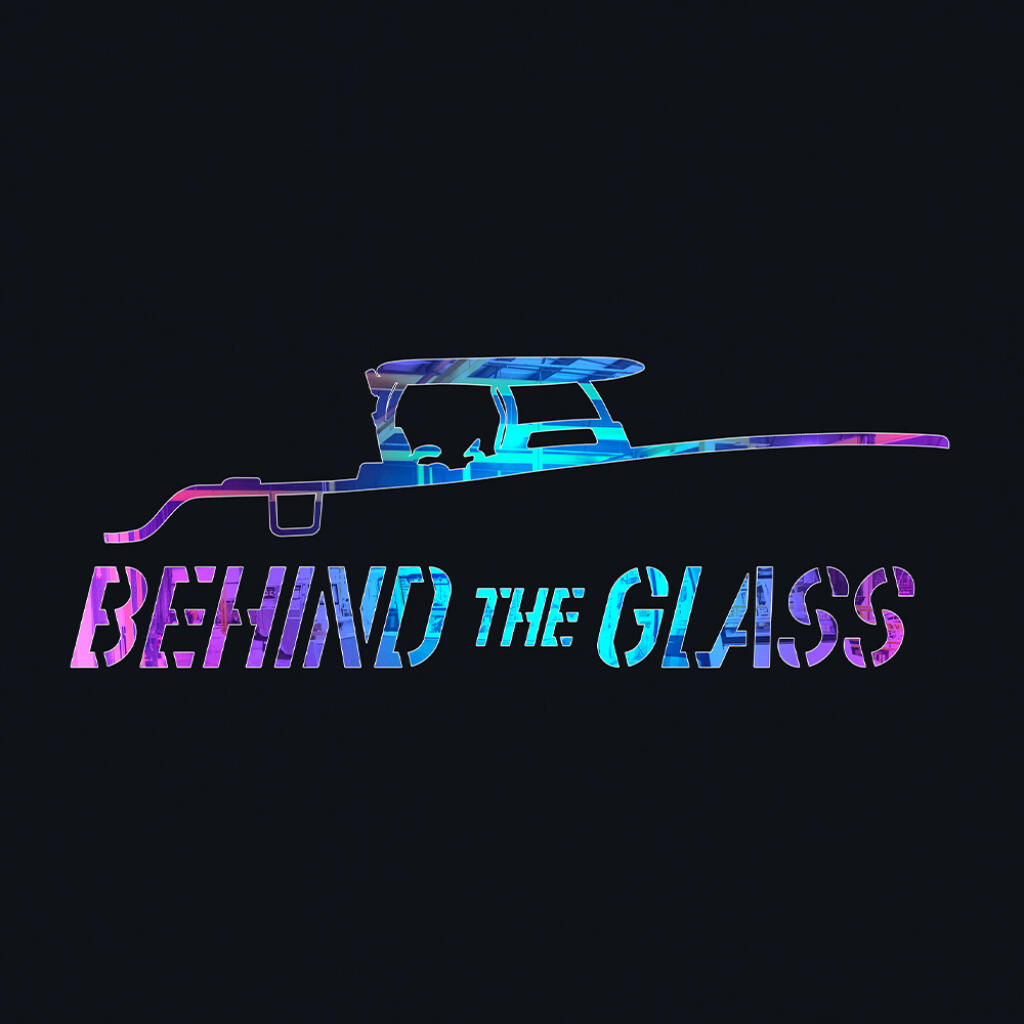 Neon glowing boat with fishing rod and 'Behind the Glass' text on dark background