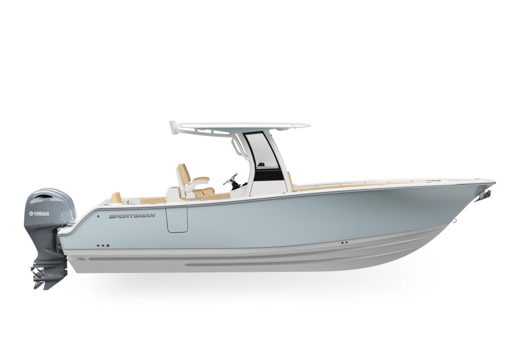 Light blue center console fishing boat with hard-top, Yamaha outboard engine, and tan seating viewed from the side