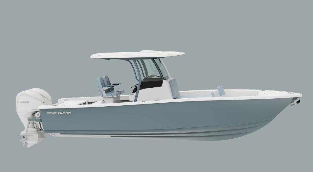 Sportsman bay boat with hard-top and center console, shown in profile against neutral background