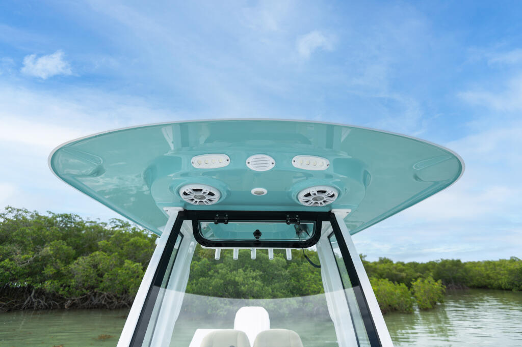 Turquoise fiberglass hard-top with integrated LED lighting and ventilation ports viewed from below, mangrove shoreline visible behind