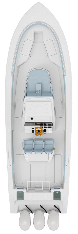Overhead view of a center console boat showing helm, seating, storage, and three-engine outboard setup