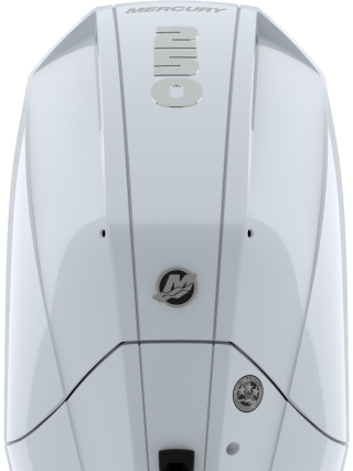 Mercury 250 V8 outboard engine with white cowling and vented intake louvers viewed from above